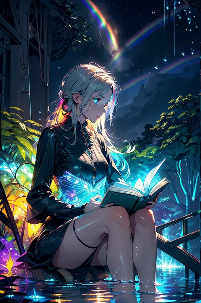 Beautiful woman in profile, Sitting, Crossing your legs,Beautiful Eyes, Gray Hair, Long sideburns, Gray Hair, bluish eyes, (((Bare feet in water, Reading a book with black pages, Glowing letters coming out of a book))), Neon flowers and fireflies glowing in the black forest and darkness, {Highly detailed 16K CG unit wallpaper}, Vast landscape photography, (A low-key perspective that focuses on characters and settings), (Wide field view), ( Low angle photo), (highlight: 1.2), (Low Light: 1.7), (Warm light source: 1.2), Intricate details, (Rainbow colors: 1.5), (Bright lighting), (Atmospheric lighting),（(Beautiful composition)）,（colorful）,(Anatomically correct）,（(Accurate depiction））