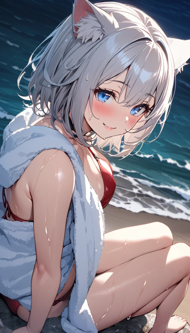 1girl、((best quality)), ((masterpiece)), (details), masterpiece, best quality, high quality, ulutra detailed, perfect face, ((1girl, Blue eyes, cat ears: 1.3 silver bob hair: 2.5,)) 、Shiny Hair、Glowing Skin、blush、Lustful look、Side Angle、Ocean岸、Ocean、evening、Shore、Your body is wet、Red Bikini、Wipe your head with a towel、barefoot、smile、Look up here