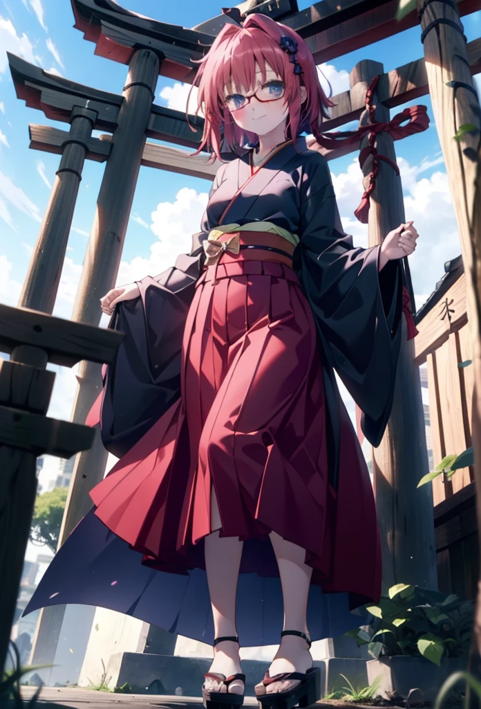 Meia Kurosaki,Meia Kurosaki,Redhead,Long Hair,Purple eyes,Glasses, (Small breasts:1.2),Shrine maiden, 白いkimono, kimono, As with the skirt, Wide sleeves, Long sleeve, Red too,Long skirt,White tabi,Sandals,smile,blush,Sleeves edged with ribbon, whole bodyがイラストに入るように,
break looking at viewer,whole body,
break outdoors, shrine,torii,
break (masterpiece:1.2), Highest quality, High resolution, unity 8k wallpaper, (shape:0.8), (Beautiful attention to detail:1.6), Highly detailed face, Perfect lighting, Extremely detailed CG, (Perfect hands, Perfect Anatomy),