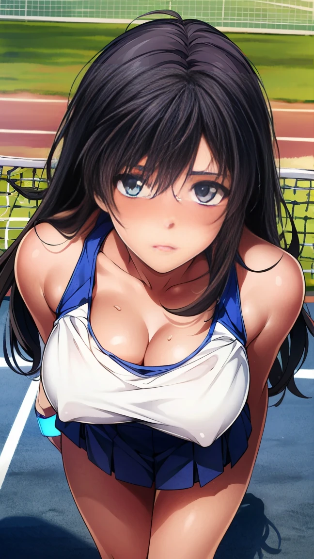 (masterpiece, Highest quality, Ultra-high resolution, Super detailed), (Realistic, photoRealistic:1.2), Beautiful illustrations, Perfect lighting, Natural light, colorful, Depth of written boundary, Browsing Caution, Vulgarity,
Beautiful detailed hair, Highly detailed face, Beautiful attention to detail, Beautiful clavicle, Beautiful body, Beautiful breasts, Beautiful thighs, Beautiful feet, Beautiful fingers,
View your viewers, (From above), 1 girl, kitamurakaori, (Perfect Anatomy, Anatomically correct, Highly detailed skin), Cute and symmetrical face,
Perfect Face, Perfect Eyes, Perfect body, Perfect Fingers, (Skin Dentition), White skin, Glowing Skin,
(Long Hair, Straight hair, Messy Hair:0.6, Black Hair), Swept-apart bangs, blue eyes, Droopy eyes, Long eyelashes, (Large Breasts, Big Hips, Captivating thighs), thin, outAre standing style,
(white tennis tank top, White tennis skirt, Blue tennis wristbands),
(Beautiful views), evening, (Tennis court:1.2), Are standing, (Obedient, Lips parted),