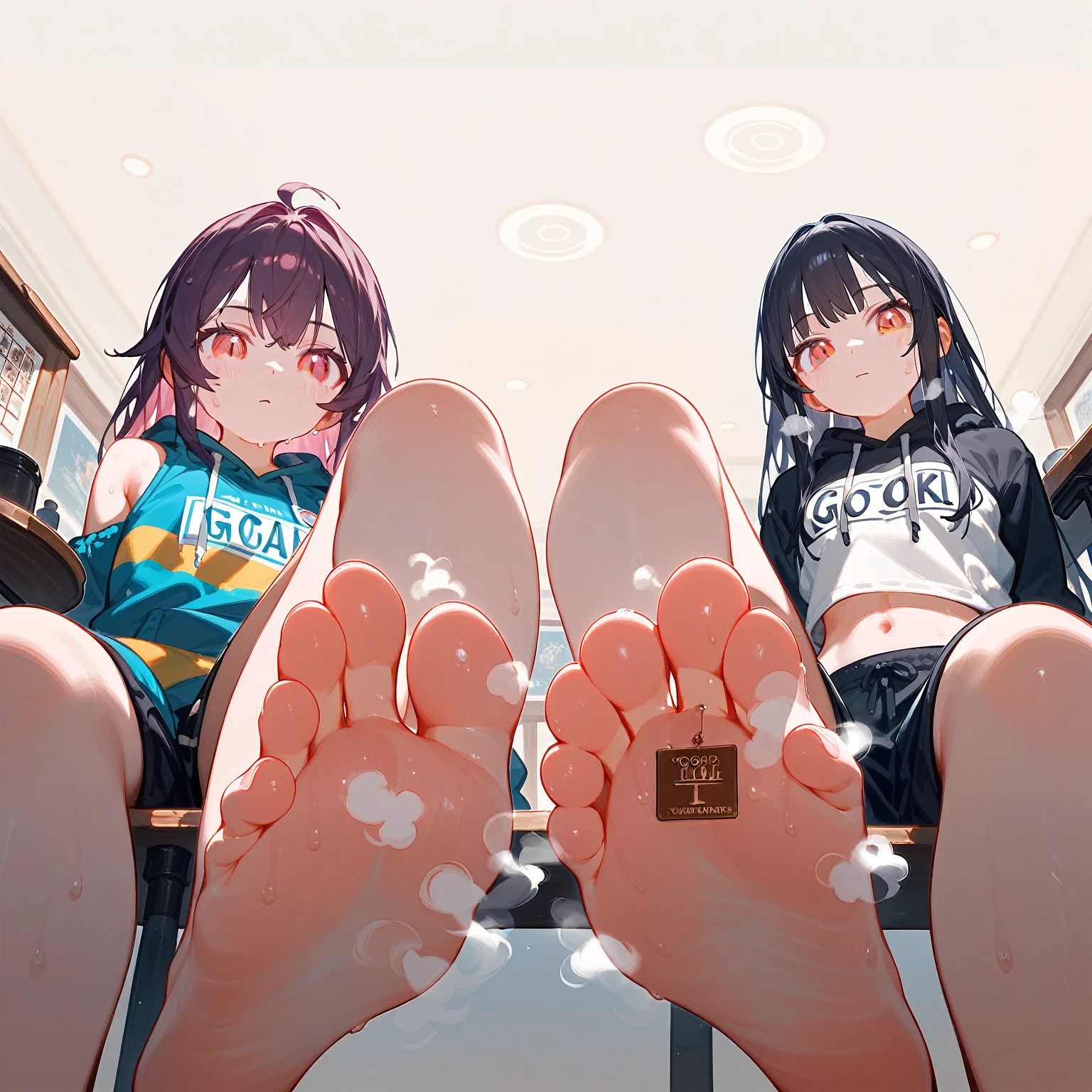 wallpaper,Two girls sitting at the table,Stamp your feet,Step on the audience,The background is in the room, Long hair,best quality, Very detailed, masterpiece, Extremely detailed, illustration, Sky,Foot Focus, giggle, barefoot,Steam around feet,脚底Sweating,Sweating,Pink Eyes,Sweatshirt,Good feet,Nice looking feet,delicate foot