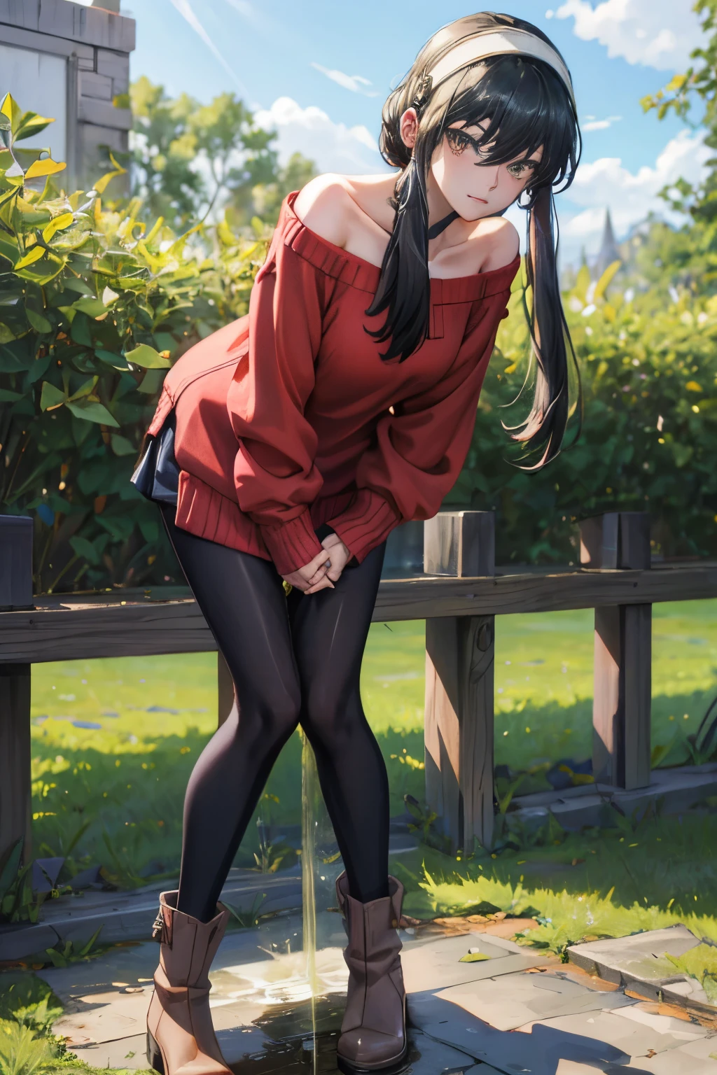 (masterpiece, best quality), high resolution, intricate details, extremely detailed, solo, 1girl, full body, (yor, black hair, short hair with long locks, bangs, sidelocks, white hairband, red eyes, off-shoulder sweater, red sweater, long sleeve, pantyhose, short boots, collarbone), detailed face, detailed eyes, (spread legs apart, leaning forward, hands between legs:1.2), (peeing self:1.4), (pee puddle), outdoors,, 