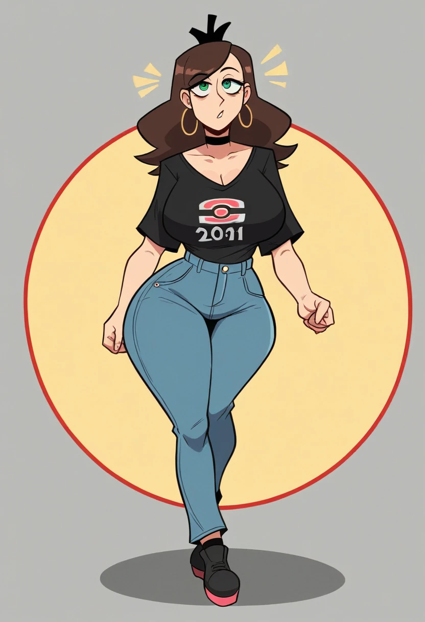 (Hilda), stern, (milf), 1 girl, ((40 year old)), (gigantic breastss), black crown, jewerly, hoop earings, hair green, swept bangs, greeneyes, (work of art:1.2, best qualityer:1.2, comely, high qualiy, high resolution:1.1, aesthetics), detailded, extremely detailded, soft ambient lighting, 4K, perfect lighting, face perfect, detailded face, perfects eyes, full body shot shot, (uniforme de estudante:1.2, seraphim, choker),