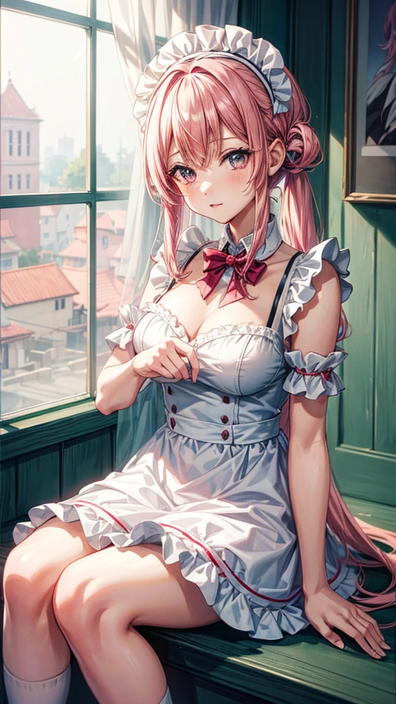 Anime girl with pink hair and white dress sitting on a window sill, Maid clothesを着たアニメの女の子, Best anime 4k konachan wallpaper, Gorgeous maid, Maid clothes, Cute anime waifu in a nice dress, Nightcore, Maid clothes, Ultra HD Anime Wallpaper, Cute girl anime visuals, 4K Manga Wallpapers, Maid clothesを着たアニメの猫娘