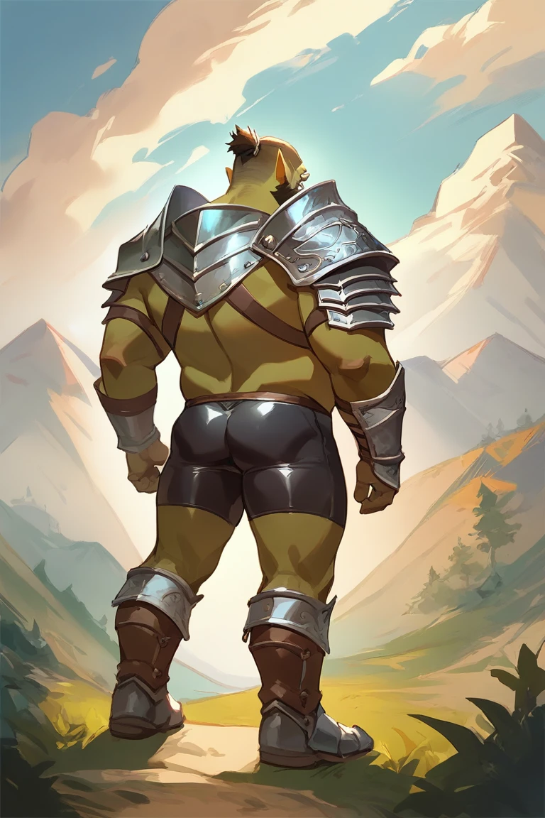 score_9, score_8_up, score_7_up, solo, male focus, chubby male, orc, green skin, tusks, beard, outdoors, armor , shoulder armor, breastplate, day, boots armor , (( black micro tight shorts )) , full body , backside , back side