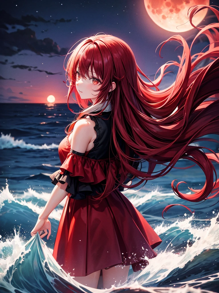 Night sky full blood moon red rough sea red rain