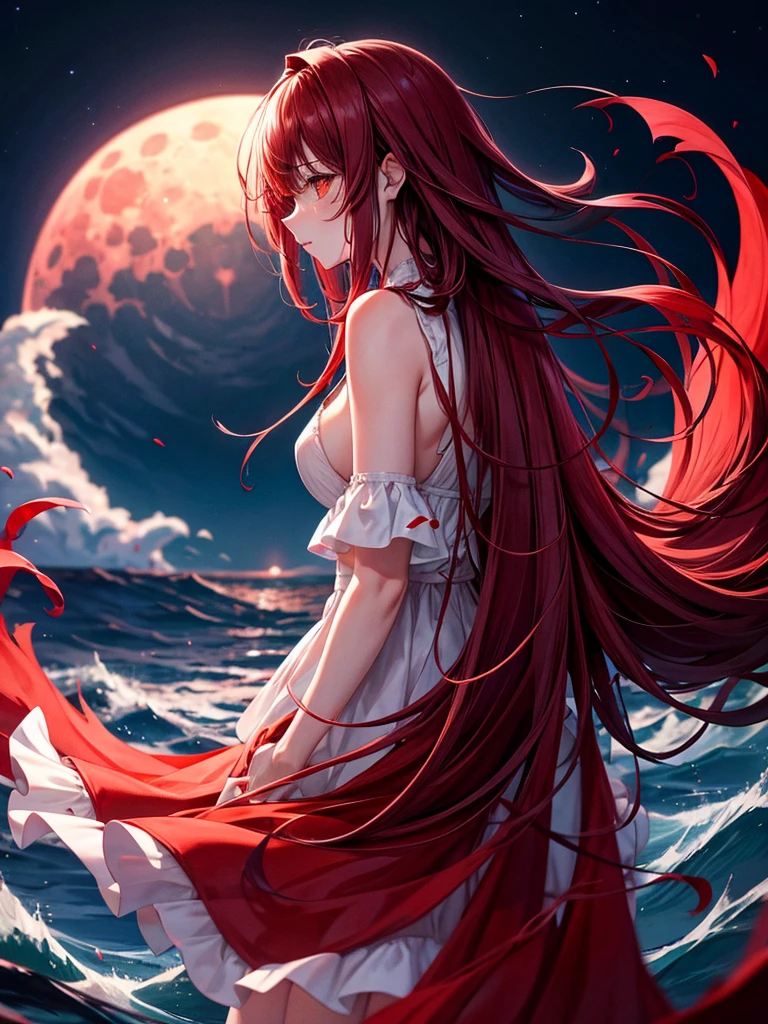 Night sky full blood moon red rough sea red rain