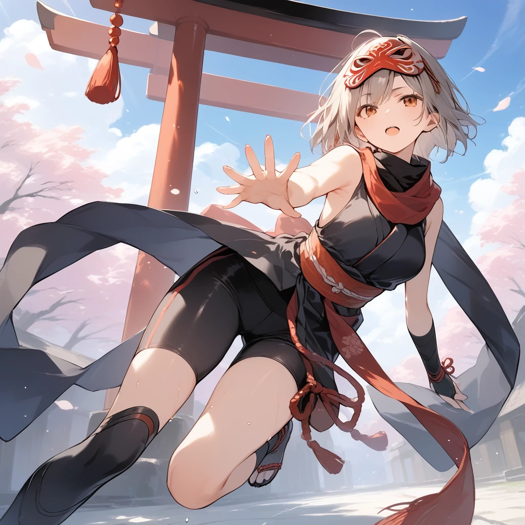 score_9, score_8_up, score_7_up, source_anime, best quality, masterpiece, official art, absurdres, highres, ultra-detailed,waifu2x,Collection: Slice of Life,break,1girl, ninja, noh mask, mask on head, short hair, breasts, beautiful detailed eyes, bike shorts, scarf, sweat, open mouth, expressionless, ninja stance, outdoors, torii, wind,break,(clear line illustration:1.2), super detailed skin,very high resolution, very aesthetic, Best sexual lighting powered by famous artist, 8k,cute picture,beauty illustration,photoshop_(medium),,(Detailed Lighting),best anime 8k konachan wallpaper, pixiv contest winner,