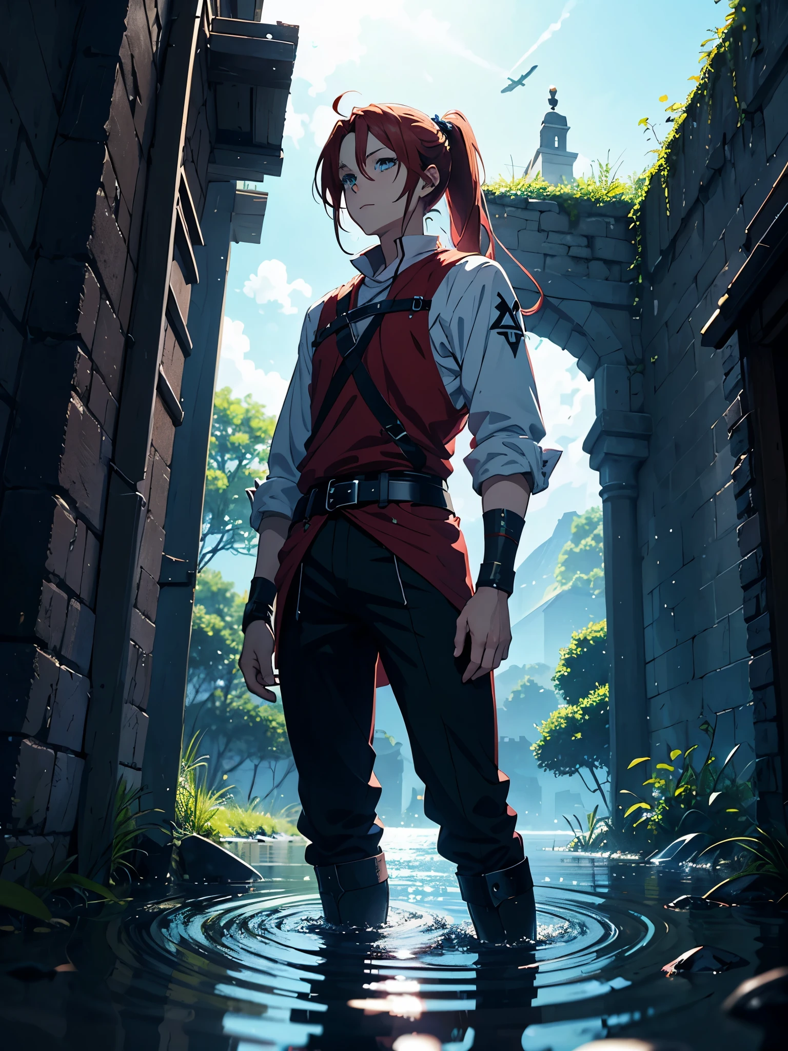 Light. mystical. Elegance. Schlosshalle. God. Magic. magic. Runesschrift. Runes im Himmel. Runes. pigtail. Ponytail. More anime style. blue flames. 2d. flatter. anime style. Viking clothing. soft. More anime. Standing in a lake. More anime. More 2d. Clean. More anime. 2d. Glow. Red hair. More anime. male. Long hair. long red hair. boy, vikings. red hair. Blue eyes. fire.