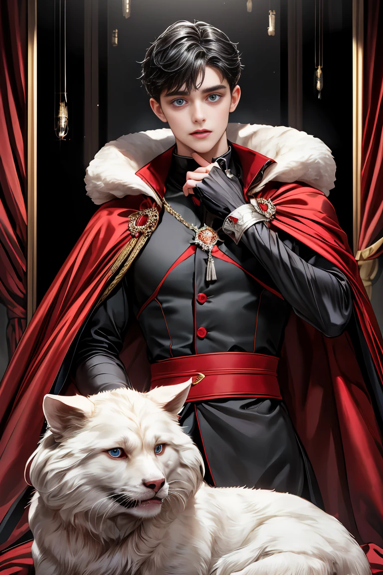 masterpiece, 最high quality, high quality, 1 boy, alone, Male focus, Watching the audience, Messy black hair, vampire、It has its fangs bared.、Adorable big blue eyes, White, Noble, Noble,A sexy, voluminous, puffy cape、A very voluminous, large, very large, very large, long, long red and black cape with a high stand-up collar, made of a lot of fabric that reaches down to the floor., ,Cute beautiful boys,Cute, cute, kind, handsome guy