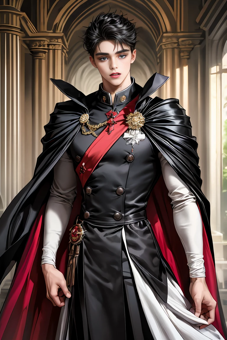 masterpiece, 最high quality, high quality, 1 boy, alone, Male focus, Watching the audience, Messy black hair, vampire、It has its fangs bared.、Adorable big blue eyes, White, Noble, Noble,A sexy, voluminous, puffy cape、A very voluminous, large, very large, very large, long, long red and black cape with a high stand-up collar, made of a lot of fabric that reaches down to the floor., 17 years old,Cute beautiful boys,Cute, cute, kind, handsome guy