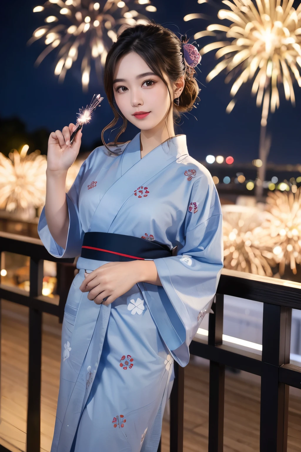 ((Highest quality)), ((masterpiece)), (detailed), One girl, Traditional Yukata、Dark Blue、Fireworks pattern、glamorous、Night view、Japanese