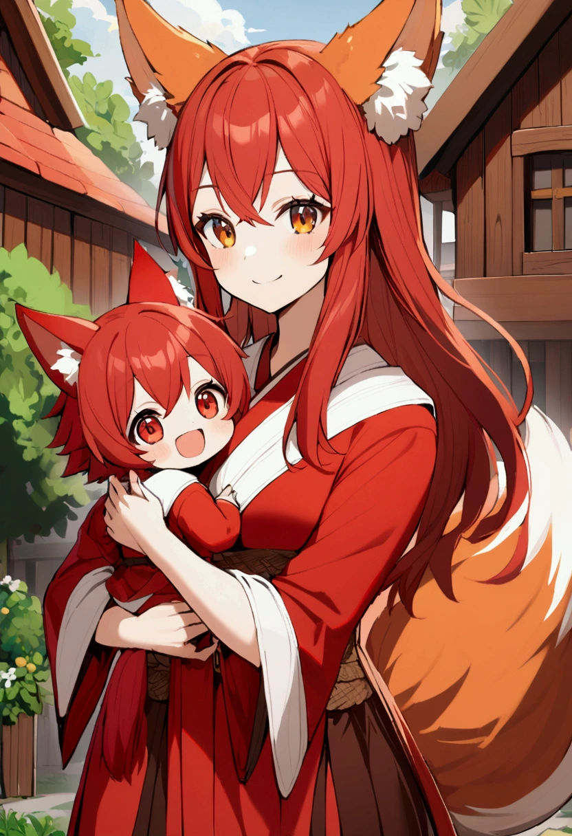 1girl with long red hair, amber eyes, fox ears, fox tail, red kimono, carry children, fantasy wooden house, smiling