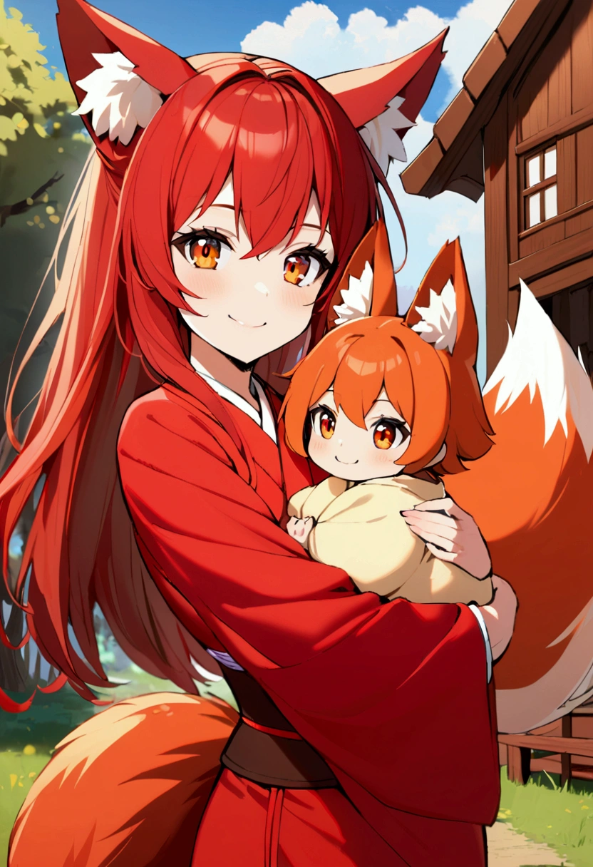 1girl with long red hair, amber eyes, fox ears, fox tail, red kimono, carry children, fantasy wooden house, smiling