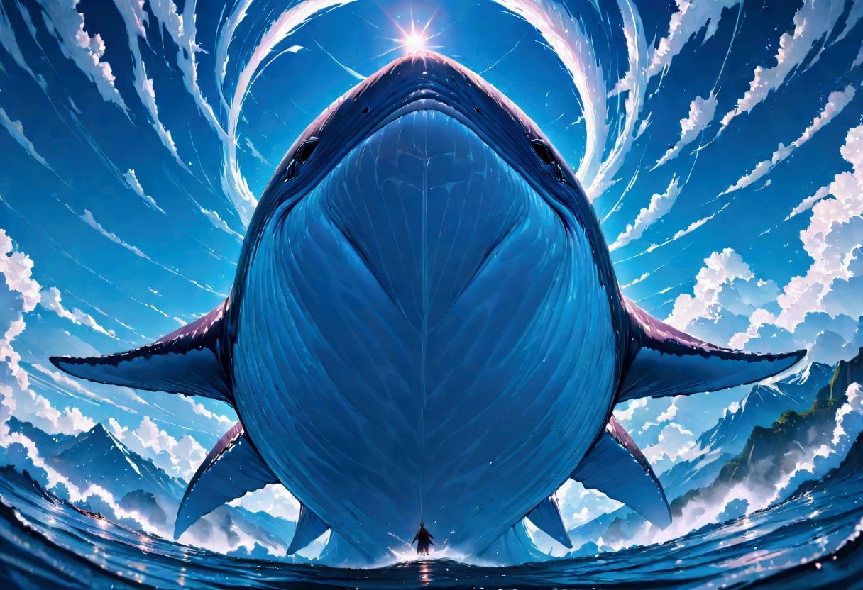 Humpback whales soar into the sky, (masterpiece:1.2), best quality, high quality, ultra high res, (hyper detailed), absurdres, absolutely resolution,4K, ultra HD, insanely detailed and intricate, high resolution, HDR, aesthetic,