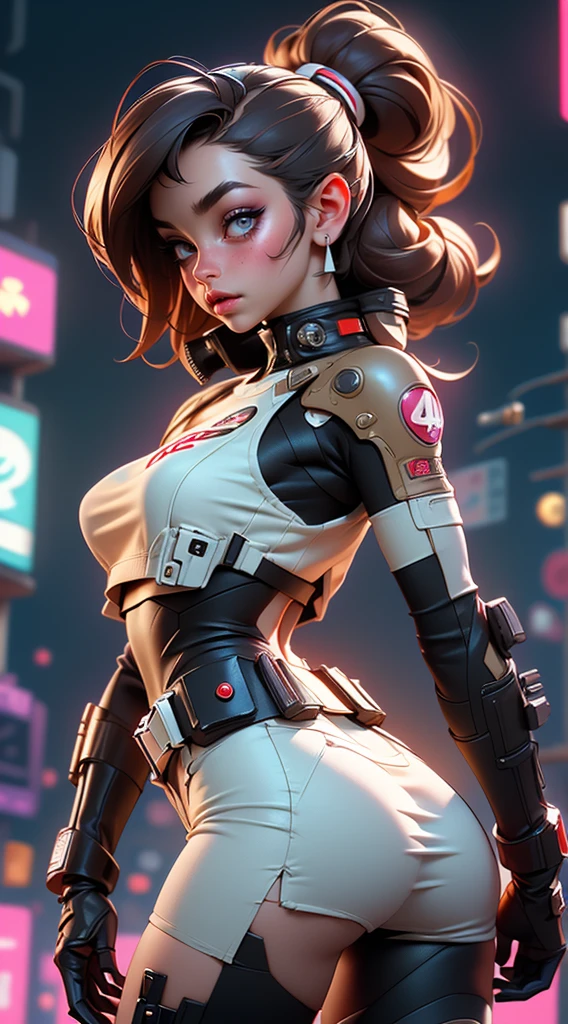 (rear view, backside view),((The best quality, better resolution, Award-winning portrait, Official Art)), ((perfect masterpiece)), ((realist)) and ultra detailed photography of a nerdy cyberpunk princess leia girl with gothic and post apocalyptic colors.. She has ((brownhair princess leia hair)), Carry a (Harajuku inspired cyberpunk tech top) and a (Harajuku inspired cyberpunk tech clothing bottom:1.2) , ((the most beautiful and sexy aesthetic)), sexy, Super huge tits hugely giant, Cleavage showing, hot,(princess leia suit.4),Detailed brown eyes, detailed hands,