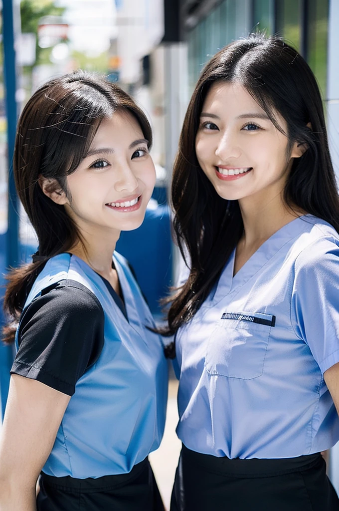 All dental hygienists wear black medical scrubs Short sleeves, Japanese, black hair, two women in their early 20s Main upper body smile Shooting outside Black Everyone wears the same clothes