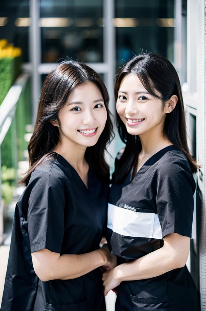 All dental hygienists wear black medical scrubs　Short sleeves, Japanese, black hair, two women in their early 20s　Main upper body　smile　Shooting outside　Black　Everyone wears the same clothes