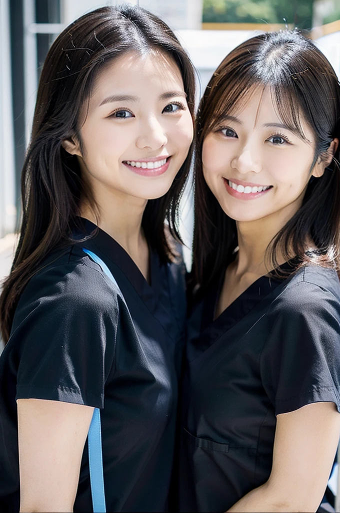 All dental hygienists wear black medical scrubs　Short sleeves, Japanese, black hair, two women in their early 20s　Main upper body　smile　Shooting outside　Black　Everyone wears the same clothes