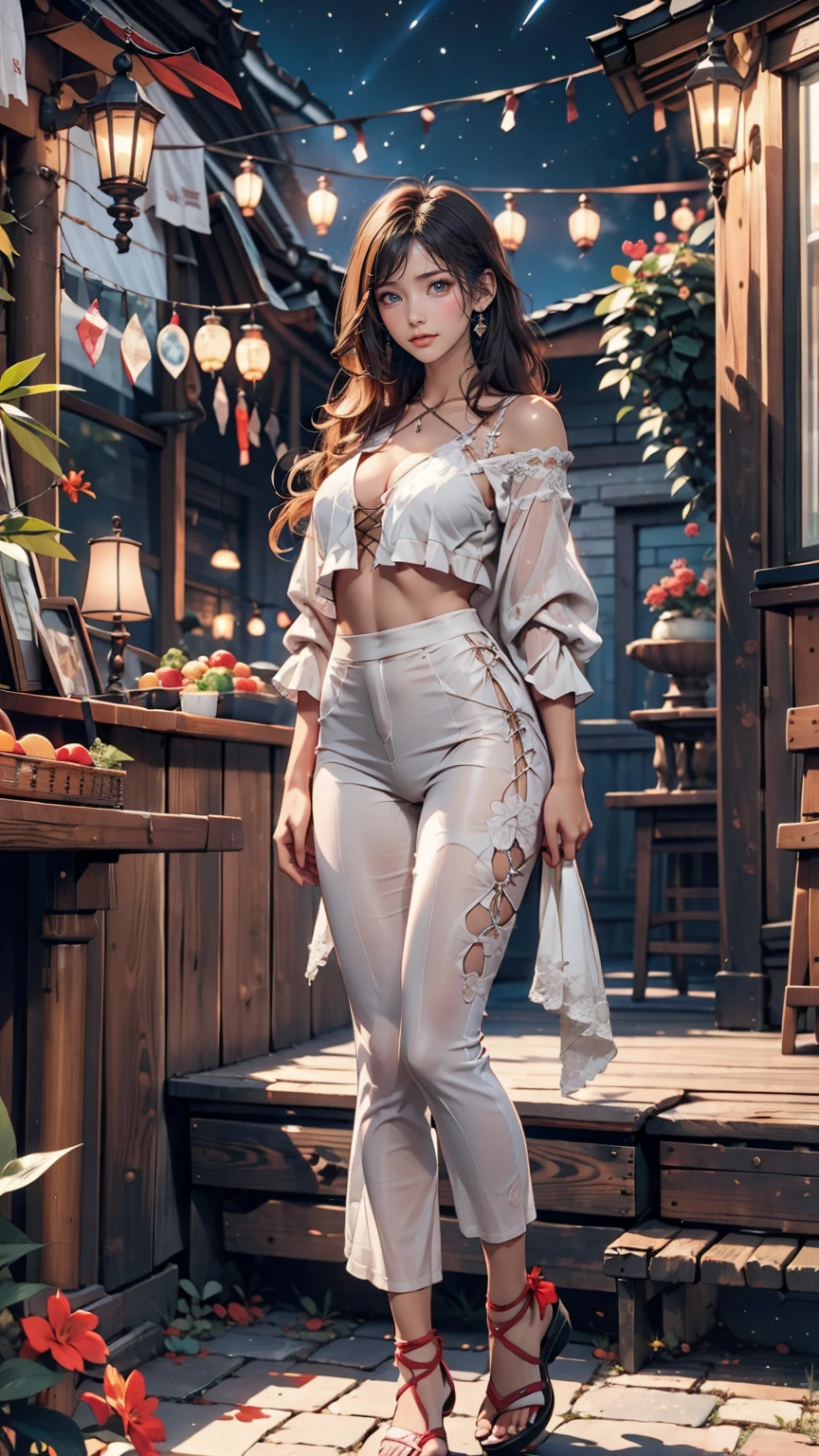 masterpiece, Beautiful Goddess of the Void, Full body white transparent clothing standing under the stars at night in the sky, Disappearing Transparent Pants, Full body standing, Tall figures, Thin legs, Facial details, Body parts details, 8k wallpaper、24-year-old female、Sexy proportions、Sexy、Textured skin((textured skin))、Narrow waist、Long eyelashes、bottomless、topless、Lace-up sandals、smile