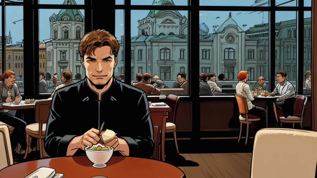 a restaurant, a restaurant в москве, public place, indoors, big windows, luxury, дорогой a restaurant, people have lunch, workers greet guests, Marvel Comics Style, comics