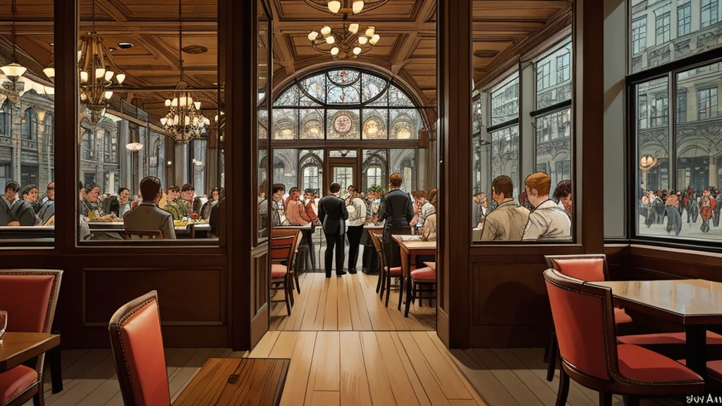a restaurant, a restaurant в москве, public place, indoors, big windows, luxury, дорогой a restaurant, people have lunch, workers greet guests, Marvel Comics Style, comics