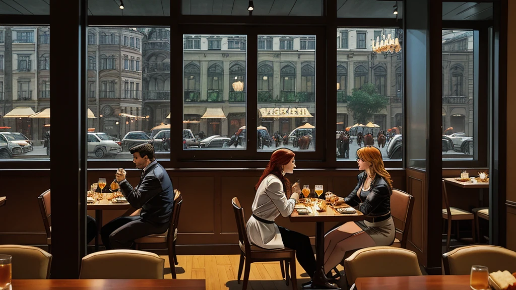 a restaurant, a restaurant в москве, public place, indoors, big windows, luxury, дорогой a restaurant, people have lunch, workers greet guests, Marvel Comics Style, comics