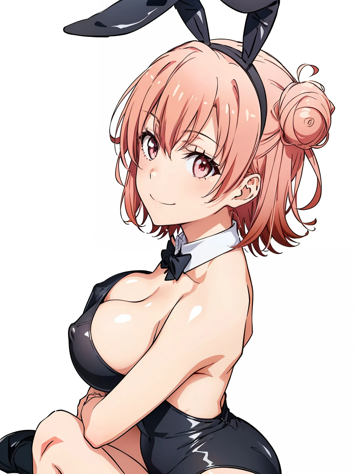 ((masutepiece, Best Quality, hight resolution, nffsw, Perfect Pixel, depth of fields, 4K, )), 1girl in, Solo, , Beautiful anime girl, Beautiful Art Style, close up, Looking at Viewer, Perfect body, side shot, Yuigahama Yui, Short hair, pink hair, pink eyes, hairbun, (large boob), sitting, black playboy bunny outfit, smile, hands on knees, blank white background