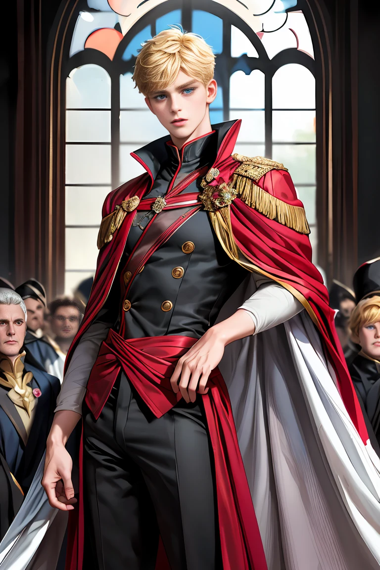 masterpiece, 最high quality, high quality, 1 boy, alone, Male focus, Watching the audience, Messy blonde, Adorable big blue eyes, White, Noble, Noble,A sexy, voluminous, puffy cape、vampire、A very voluminous, large, very large, very large, long, long red and black cape with a high stand-up collar, made of a lot of fabric that reaches down to the floor., ,Cute beautiful boys,Cute, cute, kind, handsome guy