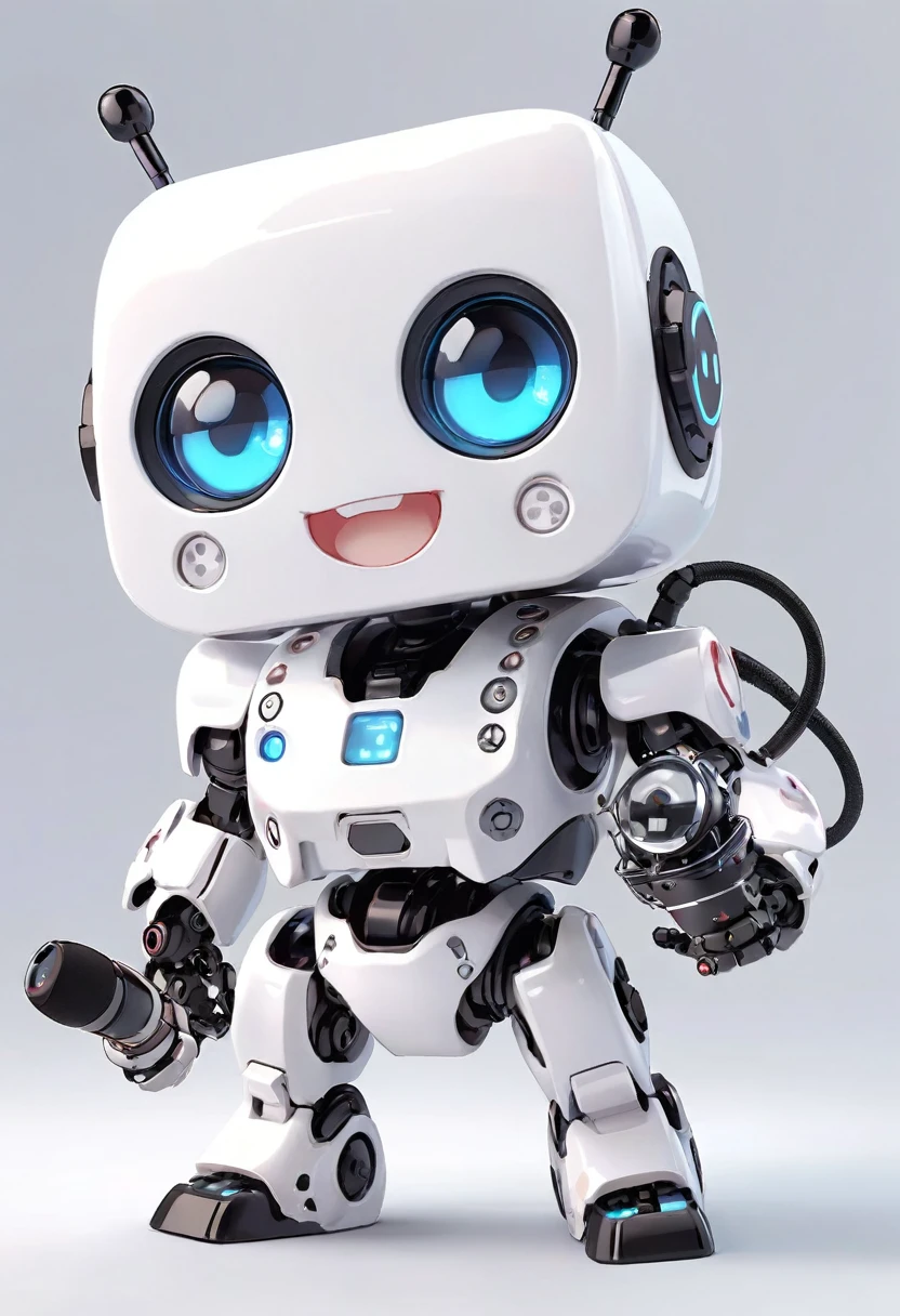 ((Dice-themed robot)), 3D Rendering, Jongsuk Lee, Digital Art, Adorable glowing creatures, Nendoroid-like style, Futuristic Gear Shiny White Armor、A cute girl robot、Big eyes、antenna、Electronic display panel on chest、Holding the microphone close to his mouth while speaking、Smiling Kindly、((whole body、Background is white))、Are standing