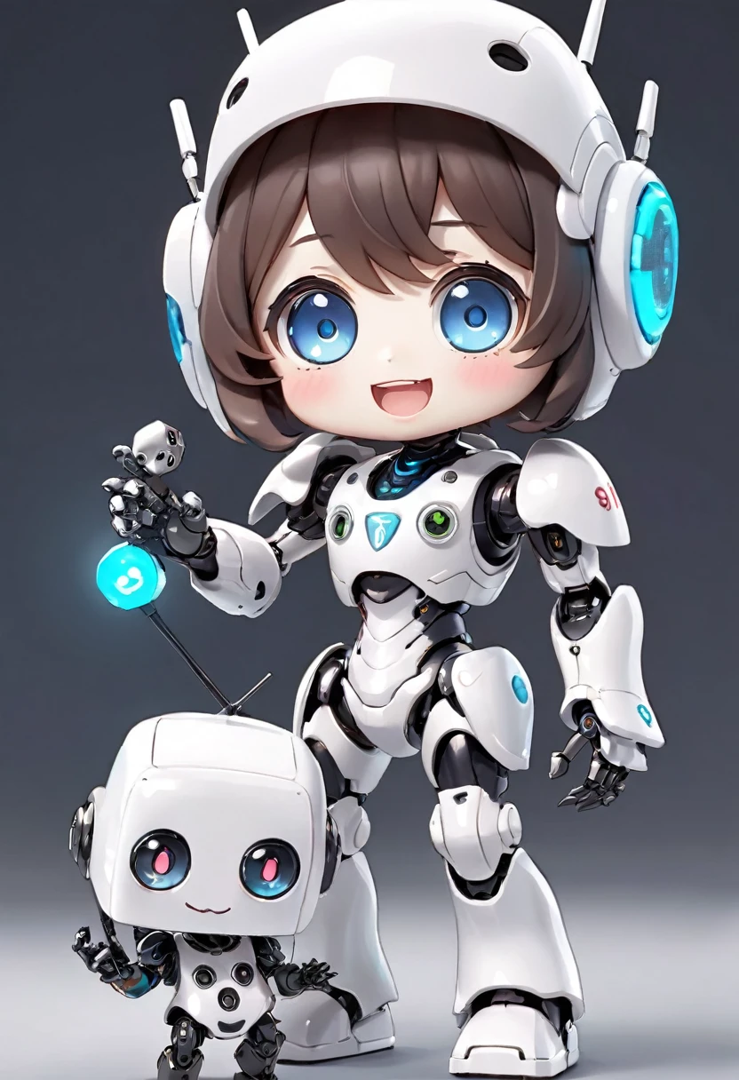 ((Dice-themed robot)), 3D Rendering, Jongsuk Lee, Digital Art, Adorable glowing creatures, Nendoroid-like style, Futuristic Gear Shiny White Armor、A cute girl robot、Big eyes、antenna、Electronic display panel on chest、Holding the microphone close to his mouth while speaking、Smiling Kindly、((whole body、Background is white))、Are standing