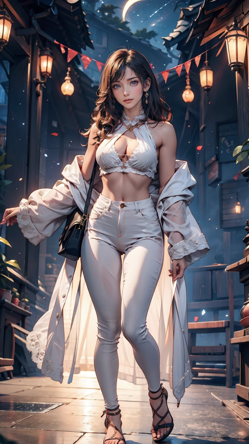 masterpiece, Beautiful Goddess of the Void, Full body white transparent clothing standing under the stars at night in the sky, Disappearing Transparent Pants, Full body standing, Tall figures, Thin legs, Facial details, Body parts details, 8k wallpaper、24-year-old female、Sexy proportions、Sexy、Textured skin((textured skin))、Narrow waist、Long eyelashes、bottomless、topless、Lace-up sandals、smile