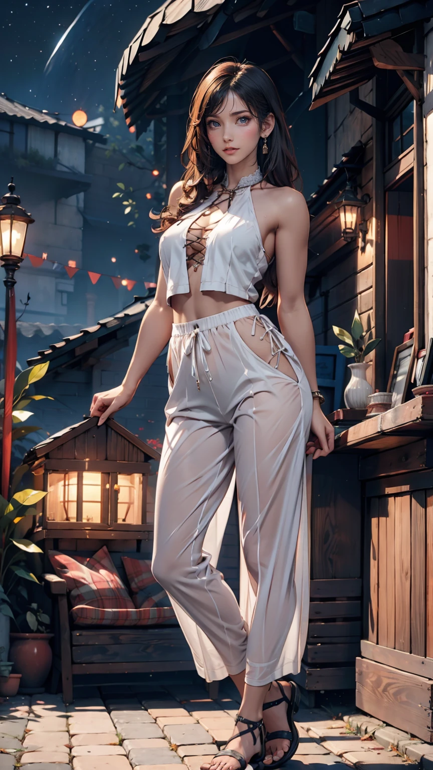 masterpiece, Beautiful Goddess of the Void, Full body white transparent clothing standing under the stars at night in the sky, Disappearing Transparent Pants, Full body standing, Tall figures, Thin legs, Facial details, Body parts details, 8k wallpaper、24-year-old female、Sexy proportions、Sexy、Textured skin((textured skin))、Narrow waist、Long eyelashes、bottomless、topless、Lace-up sandals、smile