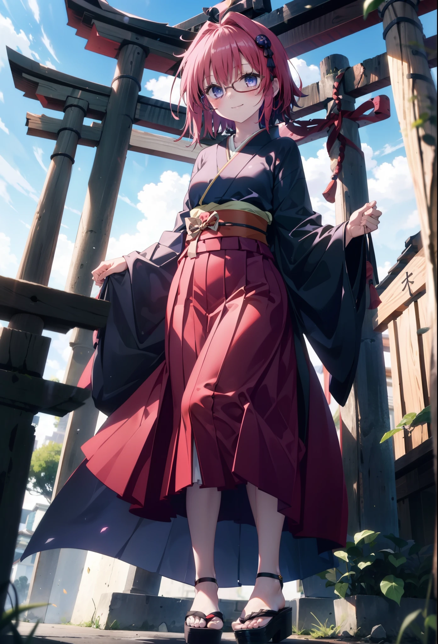 Meia Kurosaki,Meia Kurosaki,Redhead,Long Hair,Purple eyes,Glasses, (Small breasts:1.2),Shrine maiden, 白いkimono, kimono, As with the skirt, Wide sleeves, Long sleeve, Red too,Long skirt,White tabi,Sandals,smile,blush,Sleeves edged with ribbon, whole bodyがイラストに入るように,
break looking at viewer,whole body,
break outdoors, shrine,torii,
break (masterpiece:1.2), Highest quality, High resolution, unity 8k wallpaper, (shape:0.8), (Beautiful attention to detail:1.6), Highly detailed face, Perfect lighting, Extremely detailed CG, (Perfect hands, Perfect Anatomy),