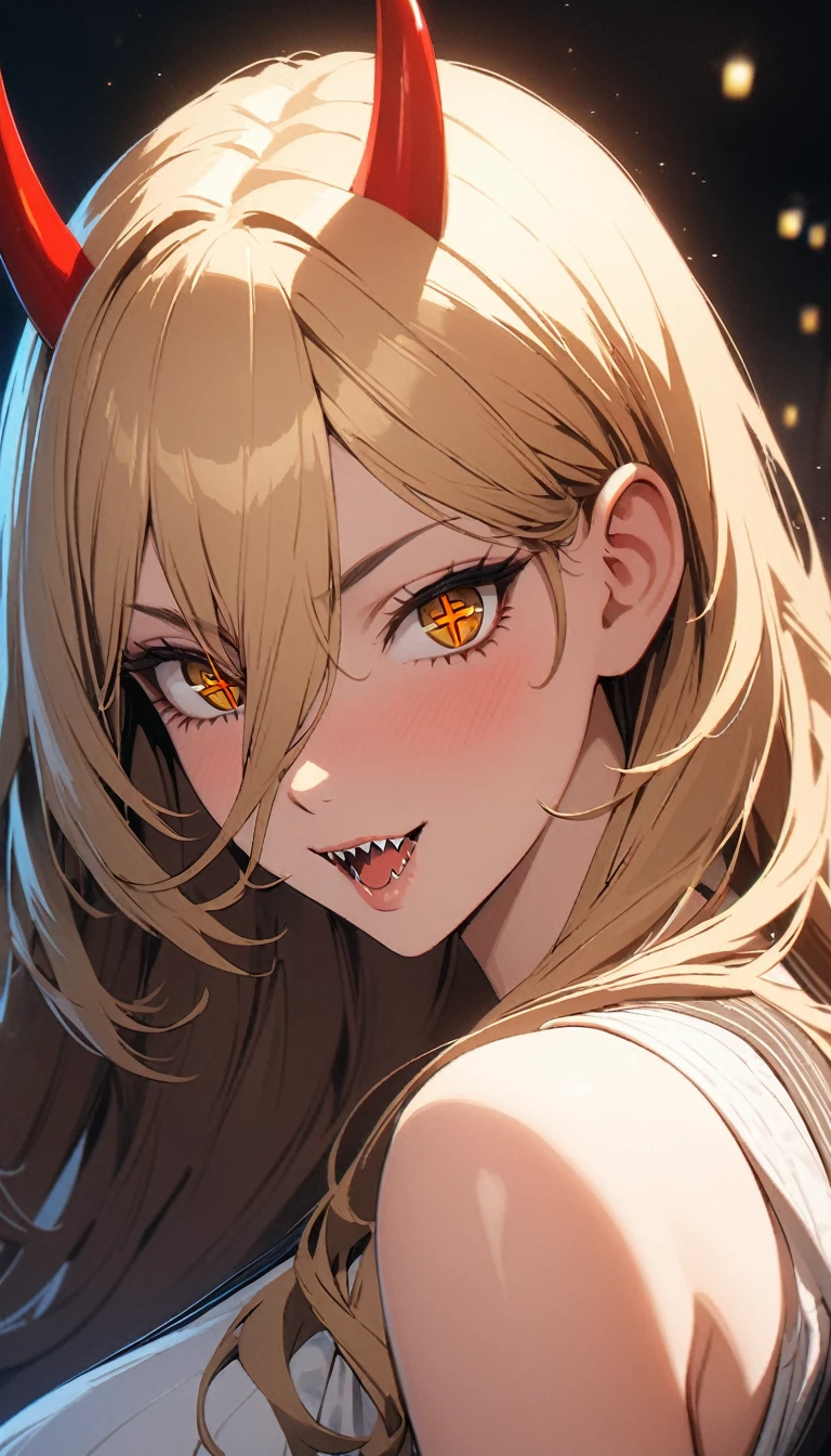 1girl, PowerV2, long hair, blonde hair, (red horns:1.1), (cross-shaped pupils:1.3), symbol-shapedpupils, yellow eyes, sharp teeth, best quality, high resolution, unity 8k wallpaper, (illustration:0.8), (beautiful detailed eyes:1.6), extremely detailed face, perfect lighting, extremely detailed CG, (perfect hands, perfect anatomy), seductive, shame, sexy, big tits, big ass, erotica
