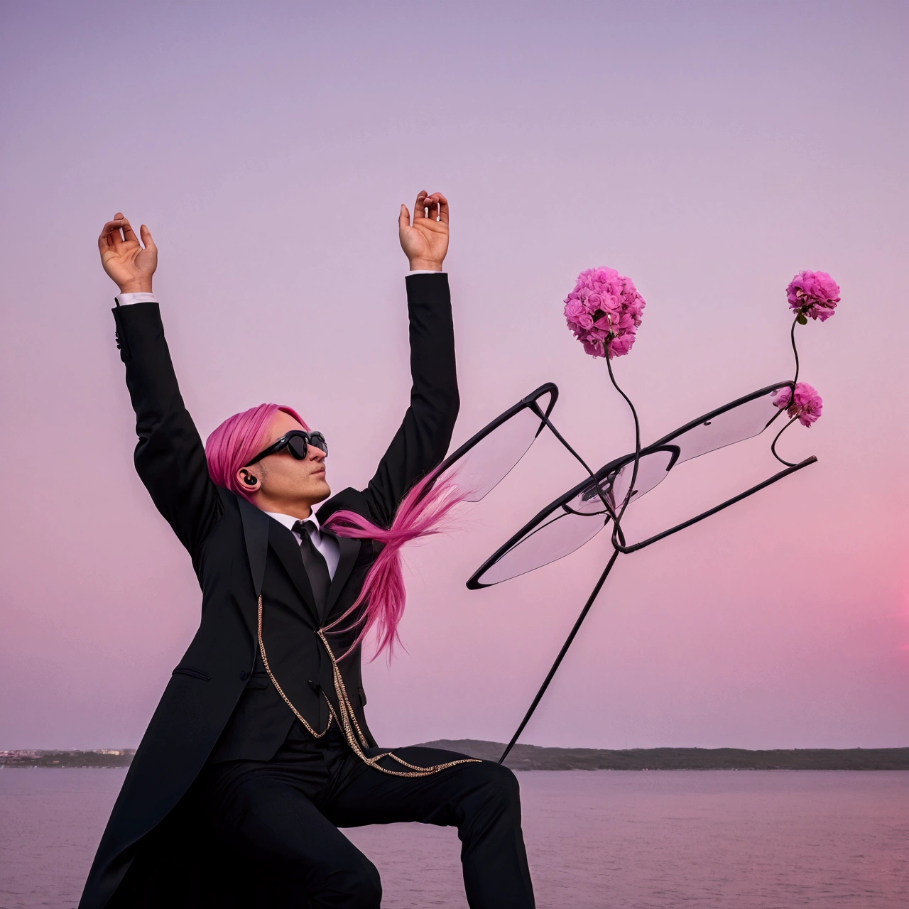 Bocchi, pink hair, black sun glasses, black suit