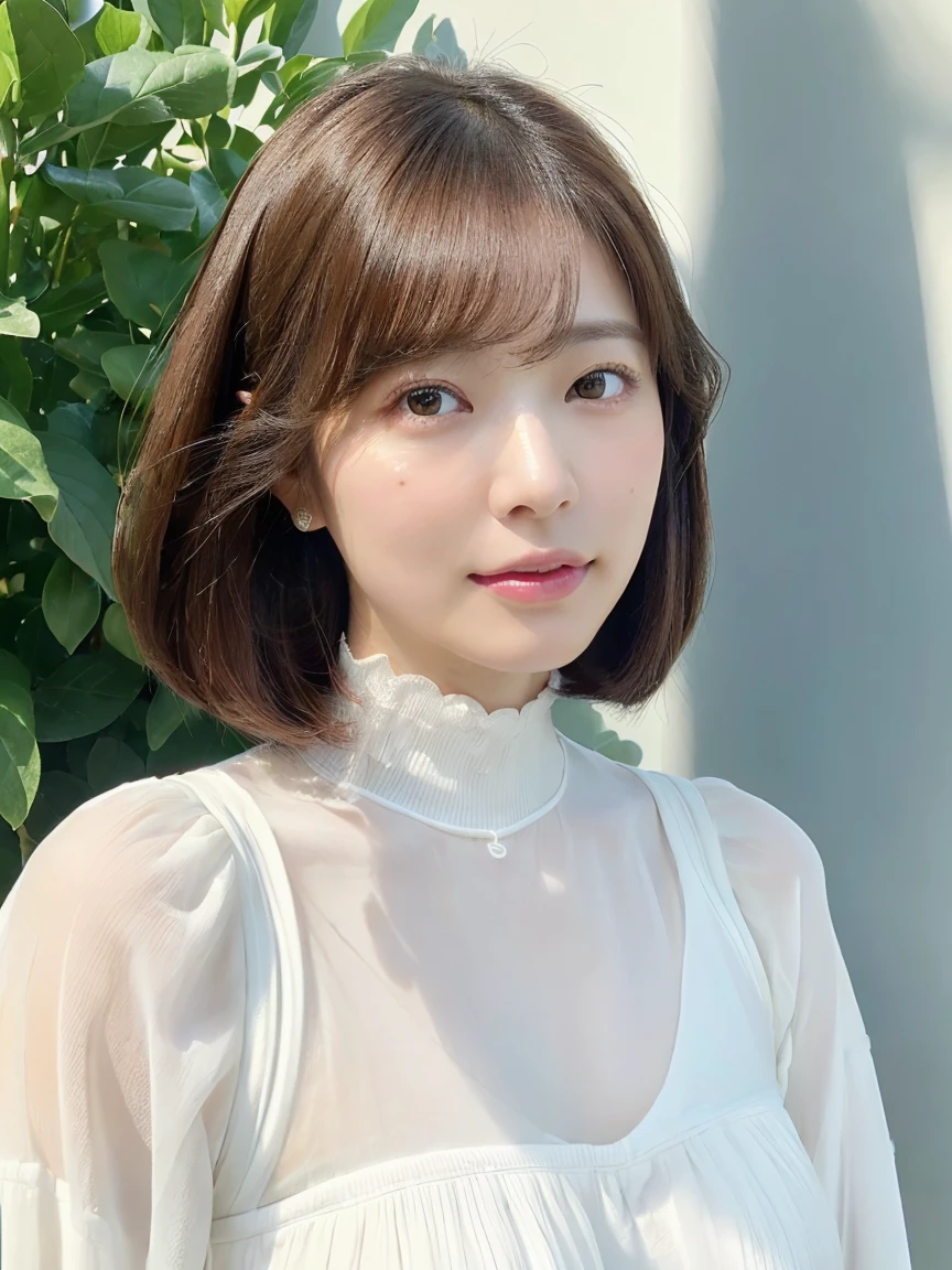 (Ultra-high resolution:1.5)(Very detailed:1.3) (super high quality) (super high quality:1.5) (Realistic photos:1.3) Japanese women、Loose Curly Hair、Photographed in front of a white wall、Age 35　((細かくてbeautiful顔:1.3)) ((Realistic skin texture:1.3)) ((Accurate, High quality eyes:1.3)) ((High density and high quality tip)) ((beautiful, Very white and clear skin:1.3)) ((beautifully groomed straight short bob hair))Perfect body　beautifulプロポーション　(Long sleeve dress)、beautiful high-definition image quality