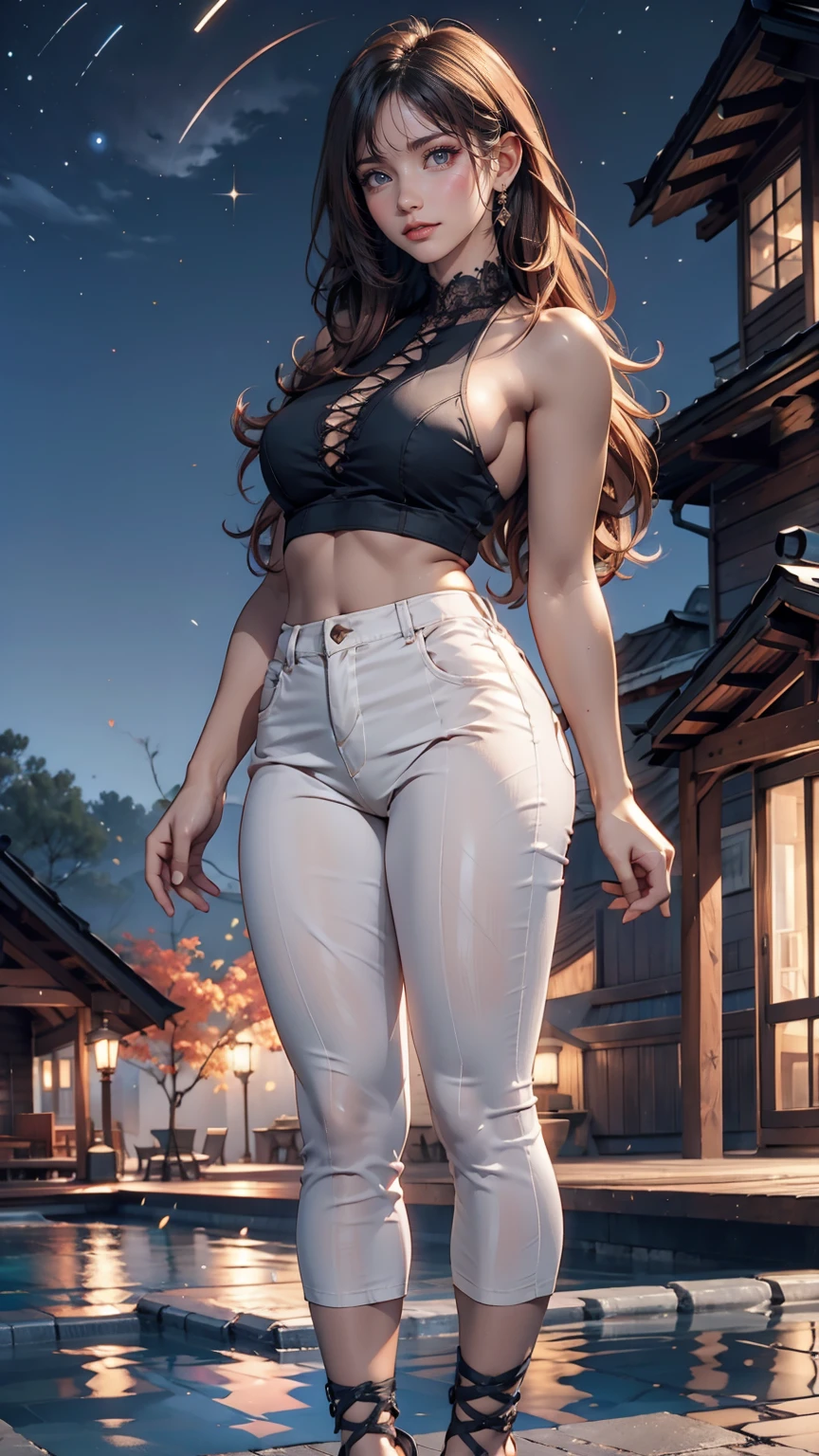 masterpiece, Beautiful Goddess of the Void, Full body white transparent clothing standing under the stars at night in the sky, Disappearing Transparent Pants, Full body standing, Tall figures, Thin legs, Facial details, Body parts details, 8k wallpaper、24-year-old female、Sexy proportions、Sexy、Textured skin((textured skin))、Narrow waist、Long eyelashes、bottomless、topless、Lace-up sandals、smile