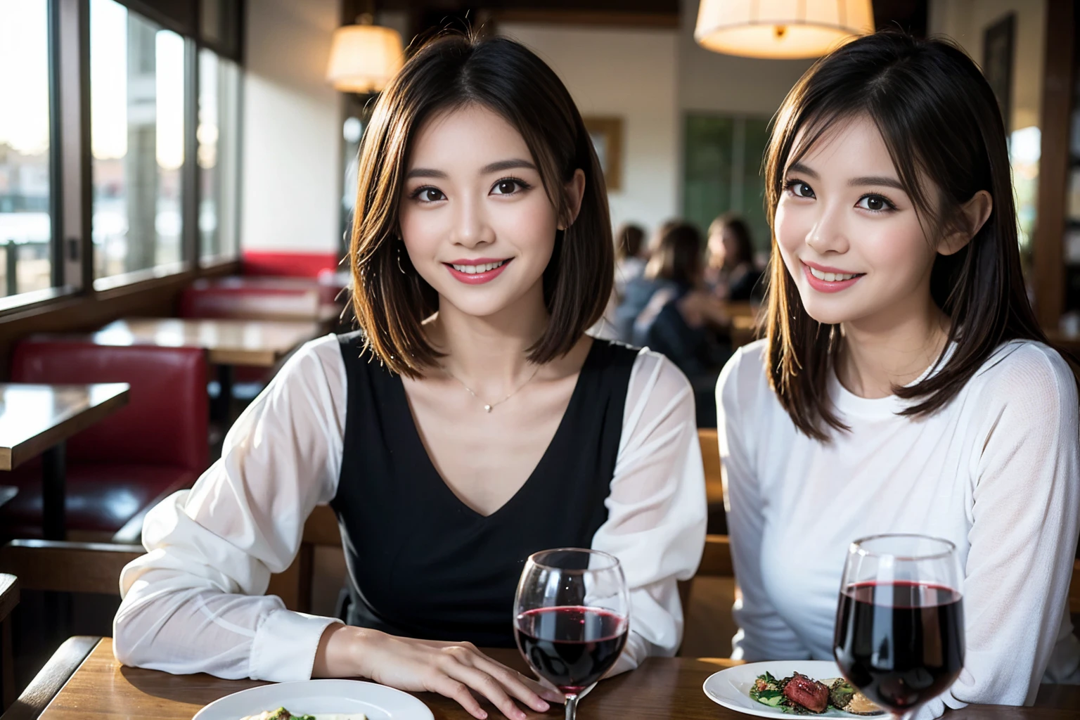((Highest quality、、masterpiece:1.3))、Shortcuts、smileハッピー、cute、slimカップル、modelカップル、actress男優、(Realistic, Intricate details:1.2), full-course dinner、Wine Party、Amazing view of the sunset sky and clouds、A bright smile、short hair,Bright Face、 (38 years old), 42 years old, red wine 、Appetizers、Italian food、Wine bottle、Champagne、sparkling wine、Two beauties、Brown Hair、Shortcuts、Long sleeve shirt、dress、Beautiful woman 1, (slimな顔), (The body is slim), (Brown Hair), (Shortcuts), cheeks turn a little red,Attractive beauty、restaurant, In a prominent place (From the waist up) Nova Frog Style, actress, model, Upper Body, White wine, slim, wine glass, 中央に置かれたwine glass, smile, (smile: 1.15), Beautiful fine grain, Depth f/2,saturation, High Contrast, Strong light and shadow,Moist Body:1.5、 texture、Delicate eyes、Brown Hair、The hair is very shiny、