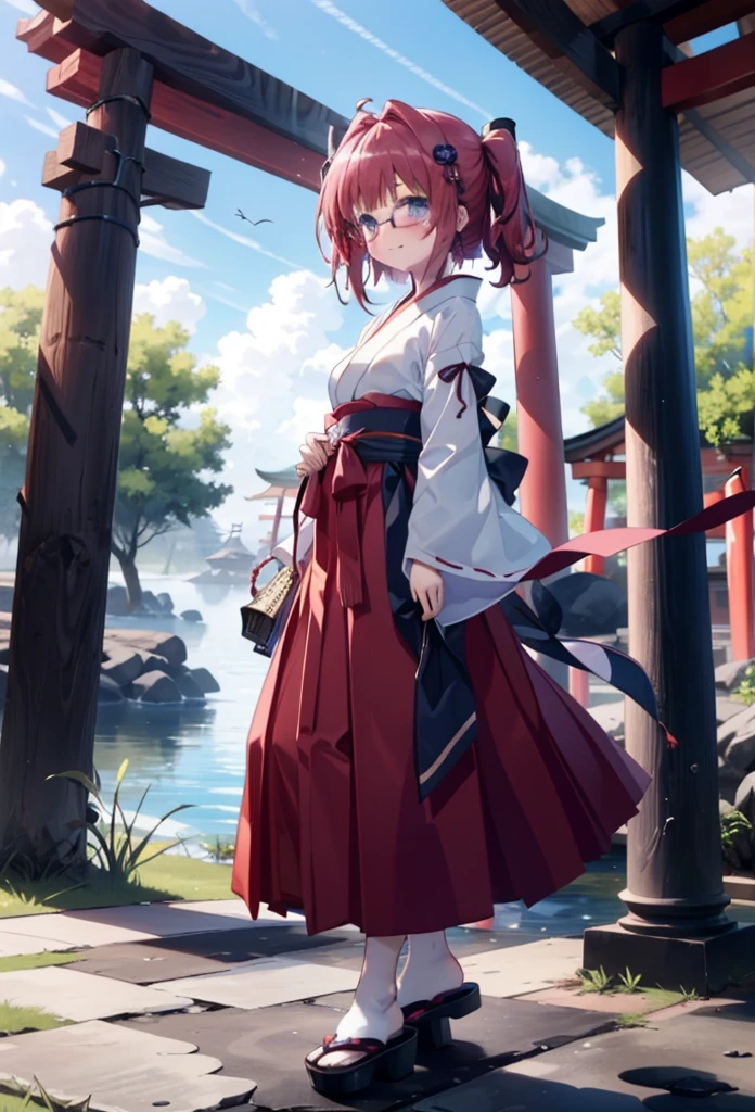 Meia Kurosaki,Meia Kurosaki,Redhead,Long Hair,Purple eyes,Glasses, (Small breasts:1.2),Shrine maiden, 白いkimono, kimono, As with the skirt, Wide sleeves, Long sleeve, Red too,Long skirt,White tabi,Sandals,smile,blush,Sleeves edged with ribbon, whole bodyがイラストに入るように,
break looking at viewer,whole body,
break outdoors, shrine,torii,
break (masterpiece:1.2), Highest quality, High resolution, unity 8k wallpaper, (shape:0.8), (Beautiful attention to detail:1.6), Highly detailed face, Perfect lighting, Extremely detailed CG, (Perfect hands, Perfect Anatomy),