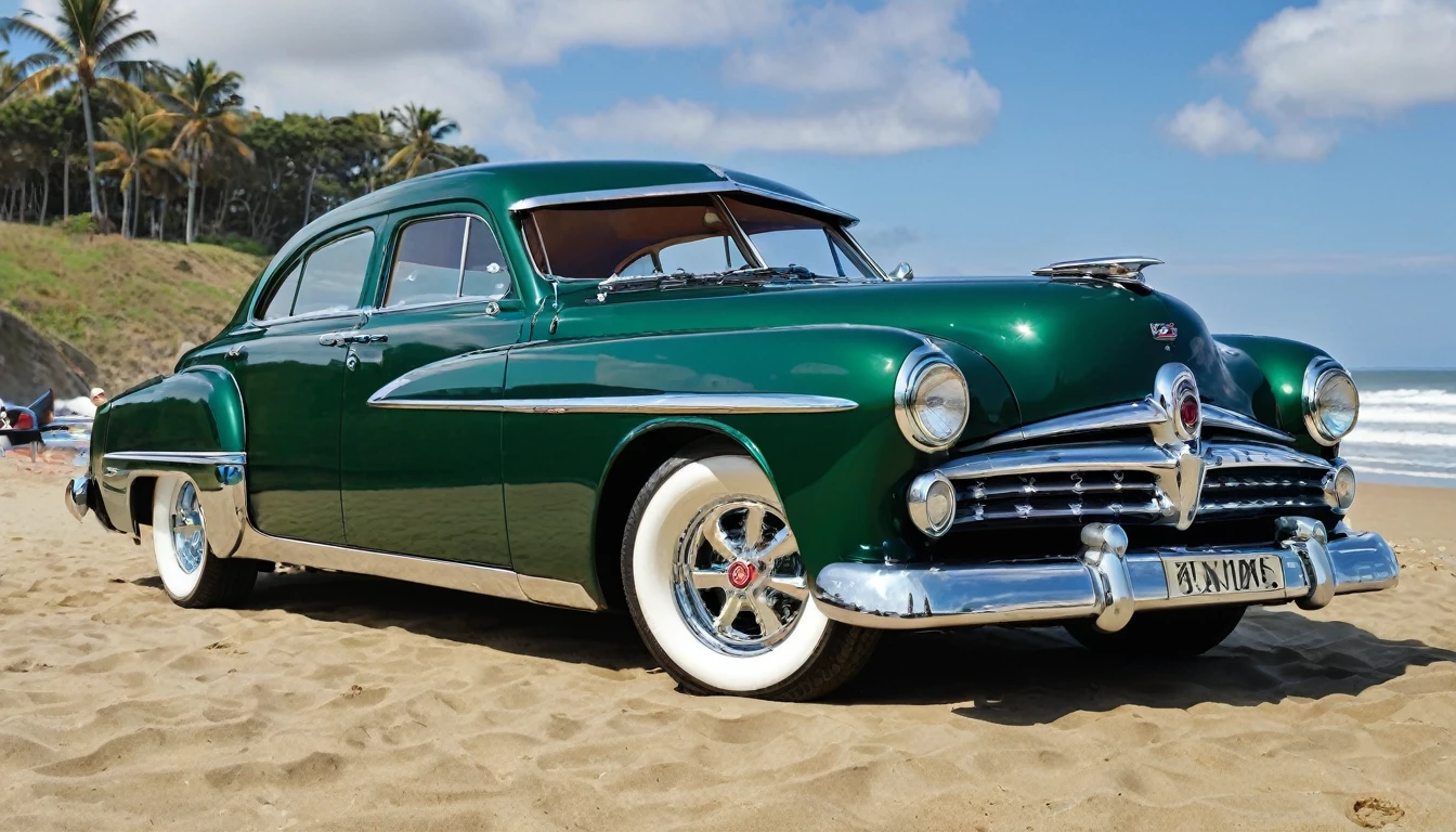 ((A realistic photo of a 1952 Dodge Kingsway Custom)),British Racing Green color with chrome mag wheels, parked at a surf beach on a summers day, best quality, very hi definition, 8k, Surfboards and bikini Girls standing next to the car, (fine detail,)
