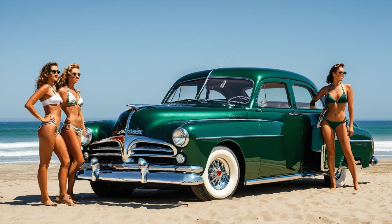 ((A realistic photo of a 1952 Dodge Kingsway Custom)),British Racing Green color with chrome mag wheels, parked at a surf beach on a summers day, best quality, very hi definition, 8k, Surfboards and bikini Girls standing next to the car, (fine detail,)