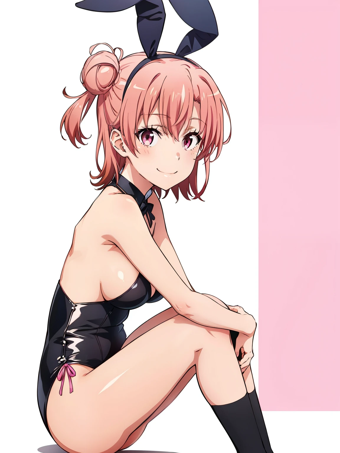 ((masutepiece, Best Quality, hight resolution, nffsw, Perfect Pixel, depth of fields, 4K, )), 1girl in, Solo, , Beautiful anime girl, Beautiful Art Style, close up, Looking at Viewer, Perfect body, side shot, Yuigahama Yui, Short hair, pink hair, pink eyes, hairbun, (large boob), sitting, black playboy bunny outfit, smile, hands on knees, blank white background