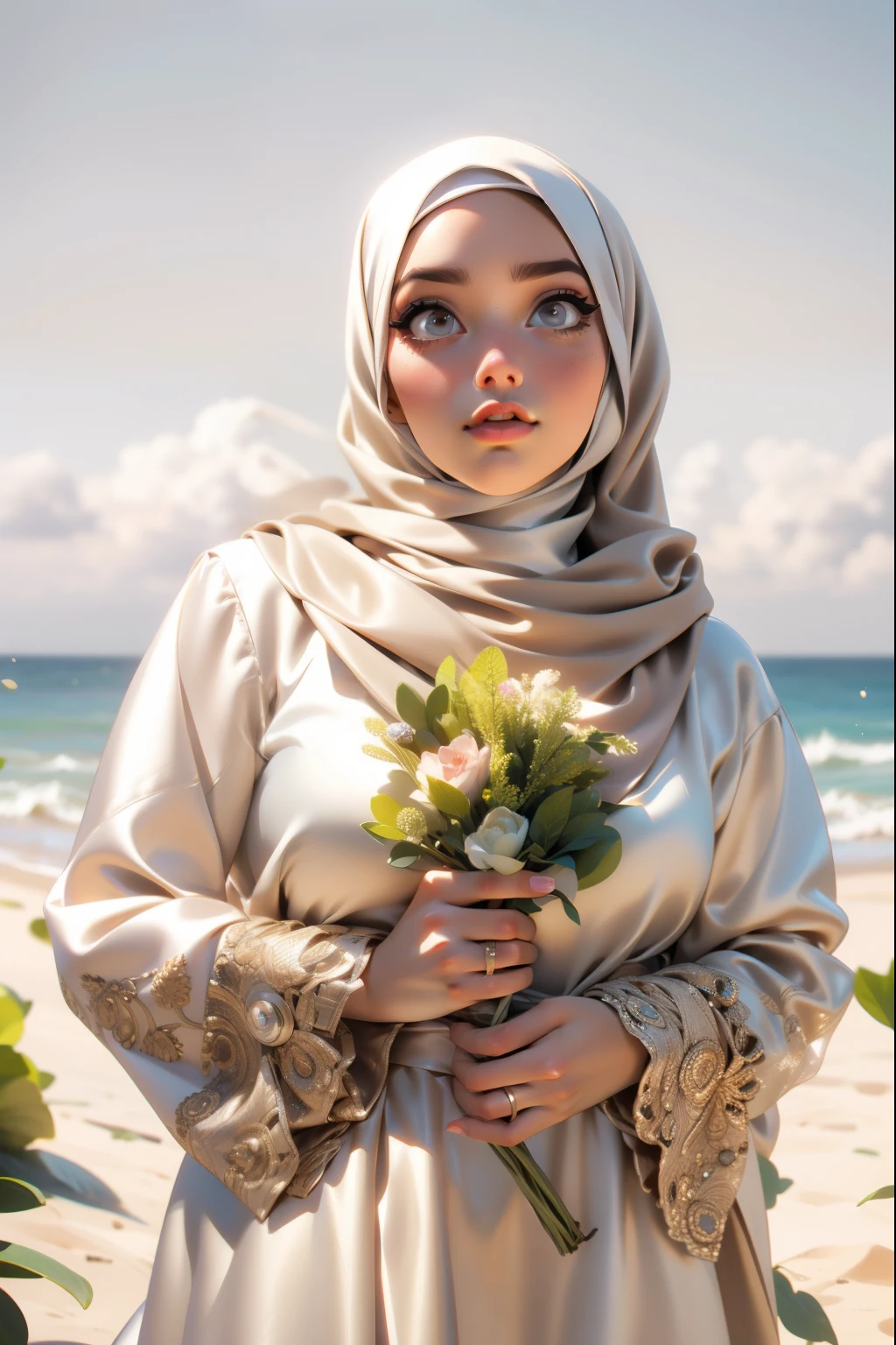 Masterpiece, best quality, photography, detailed skin, realistic, photo-realistic, 8k, highly detailed, full length frame, High detail RAW color art, diffused soft lighting, shallow depth of field, sharp focus, hyperrealism, cinematic lighting, hijab, a woman in a beautifully makeup, smokey eyeshadow, beautiful big eyes, long eye lashes, wearing ((Gray satin hijab)), loosely tide hijab style, ((beige satin long dress)), Brim Straw Hat, lying at the beach, Warm light background