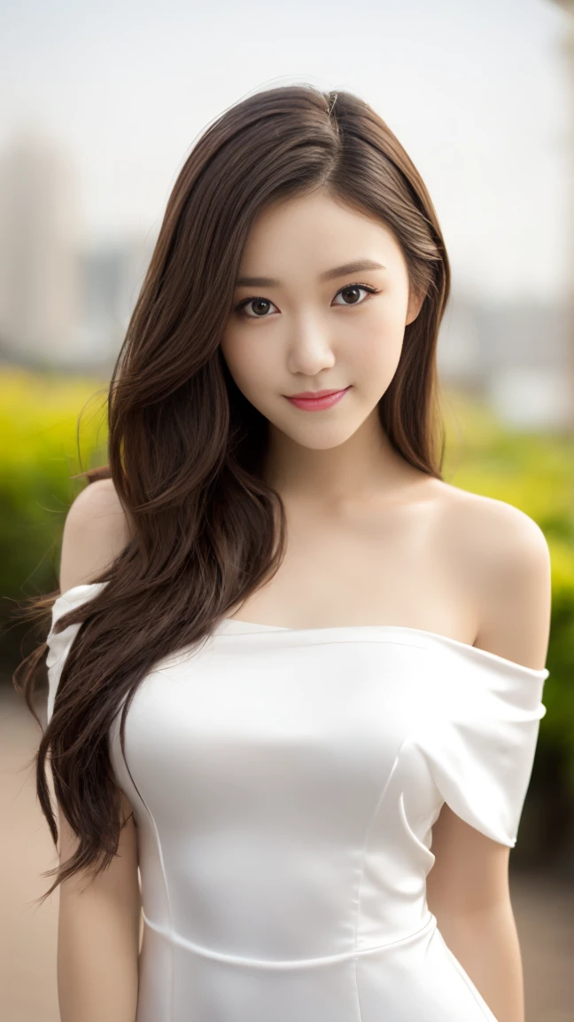 (Highest quality, Tabletop, 8k, Best image quality, Award-winning works), 1 female college student, 22 years old, (alone:1.1), Perfect beautiful composition, ((whole body:1.3)), (Naturally huge breasts:1.2), (Accentuate your body lines:1.1), Slender body, ((Black underwear under a white silk off-shoulder dress)), Look at me and smile, (Beautiful park background with strong blur:1.1), The most natural and perfect beauty park、Perfectly maintained park, ((Random sexy poses:1.3)), Natural Makeup, Ultra-high definition beauty face, Ultra HD Hair, Ultra-high definition sparkling eyes, (Ultra-high resolution glossy skin:1.1), Ultra-high quality glossy lips, Accurate anatomy, (very bright and vivid:1.1), (long dark brown wavy hair), Ultra high definition body, Ultra-high precision needle