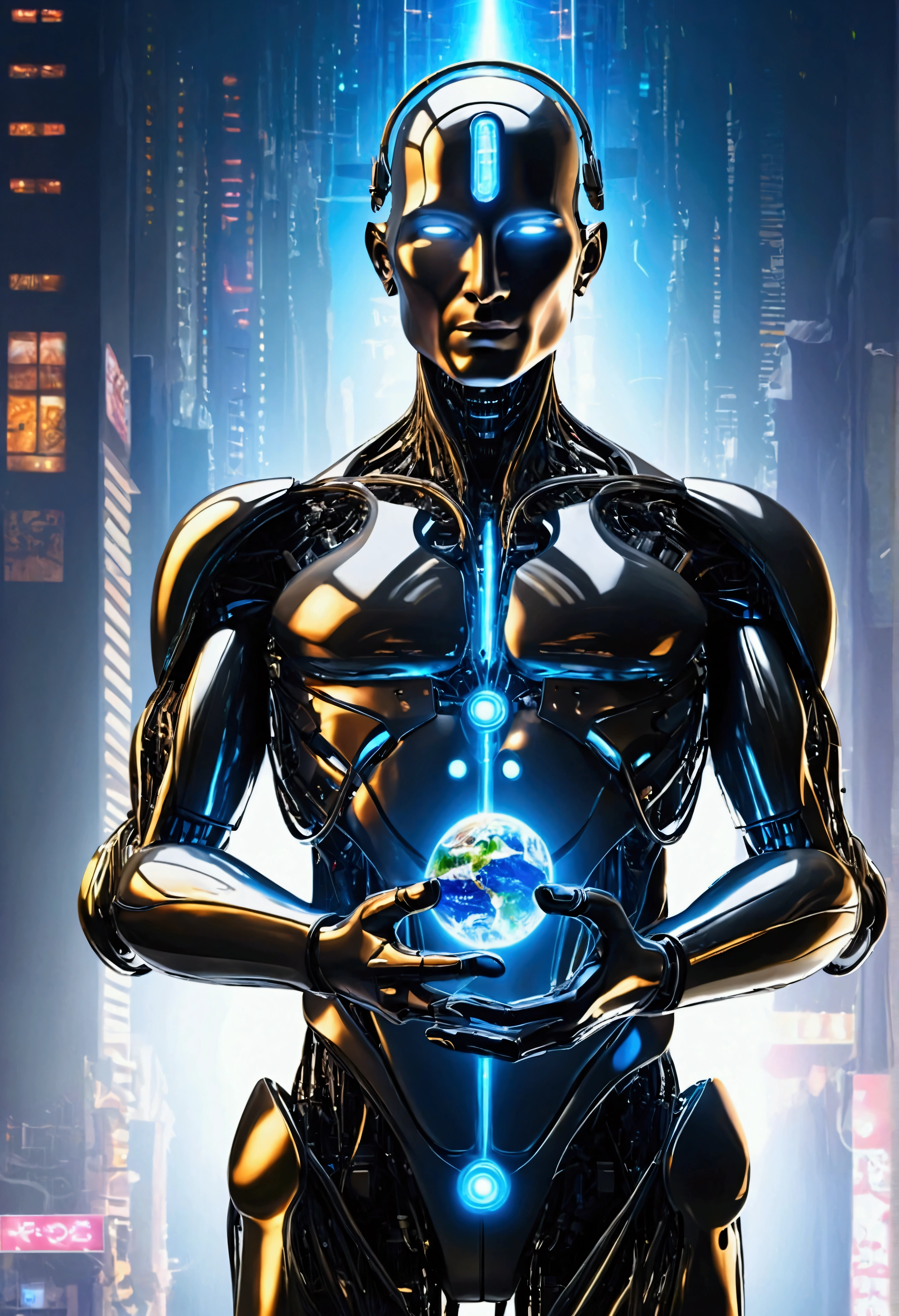 A technological God controls the world with his hands 