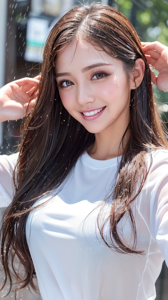 (table top、highest quality、8k、Award-winning work、ultra high resolution)、one beautiful woman、(soaking wet white shirt:1.2)、(soaking wet blonde:1.2)、(soaking wet brown hair:1.2)、(Drenched and shiny hair:1.2)、(My skin is visible through my soaking wet shirt:1.2)、(the wettest skin:1.2)、(Super high-definition fine real water splashes:1.2)、(Drops of rain falling down my wet face:1.2)、(Perfect and most natural ultra-high definition water splashes:1.2)、color contacts、perfect makeup、long eyelashes、beautiful eyeshadow、bright and glossy lipstick、Very long wavy hair、(The happiest and funniest smile you see on me:1.1)、(very heavy rain:1.2)、(heavy rain:1.2)、(wet and shiny skin:1.2)、(A woman whose whole body is soaked wet:1.2)、(close up of face:1.6)、(Strongly blurred lively Shibuya city background:1.1)、(Strongly blurred background:1.1)、accurate anatomy、ultra high definition hair、(Perfect and beautiful teeth in ultra high resolution:1.1)、Ultra high definition beauty face、ultra high definition hair、Super high-definition sparkling eyes、Shining, ultra high-resolution beautiful skin、ultra high resolutionの艶やかな唇