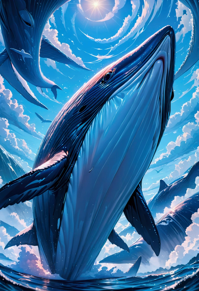 Humpback whales soar into the sky, (masterpiece:1.2), best quality, high quality, ultra high res, (hyper detailed), absurdres, absolutely resolution,4K, ultra HD, insanely detailed and intricate, high resolution, HDR, aesthetic,