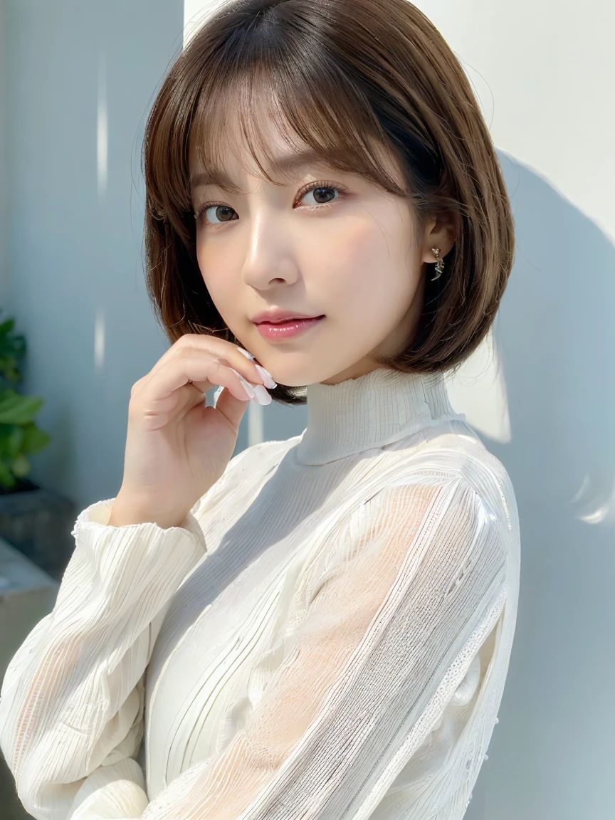 (Ultra-high resolution:1.5)(Very detailed:1.3) (super high quality) (super high quality:1.5) (Realistic photos:1.3) Japanese women、Loose Curly Hair、Photographed in front of a white wall、Age 35　((細かくてbeautiful顔:1.3)) ((Realistic skin texture:1.3)) ((Accurate, High quality eyes:1.3)) ((High density and high quality tip)) ((beautiful, Very white and clear skin:1.3)) ((beautifully groomed straight short bob hair))Perfect body　beautifulプロポーション　(Long sleeve dress)、beautiful high-definition image quality