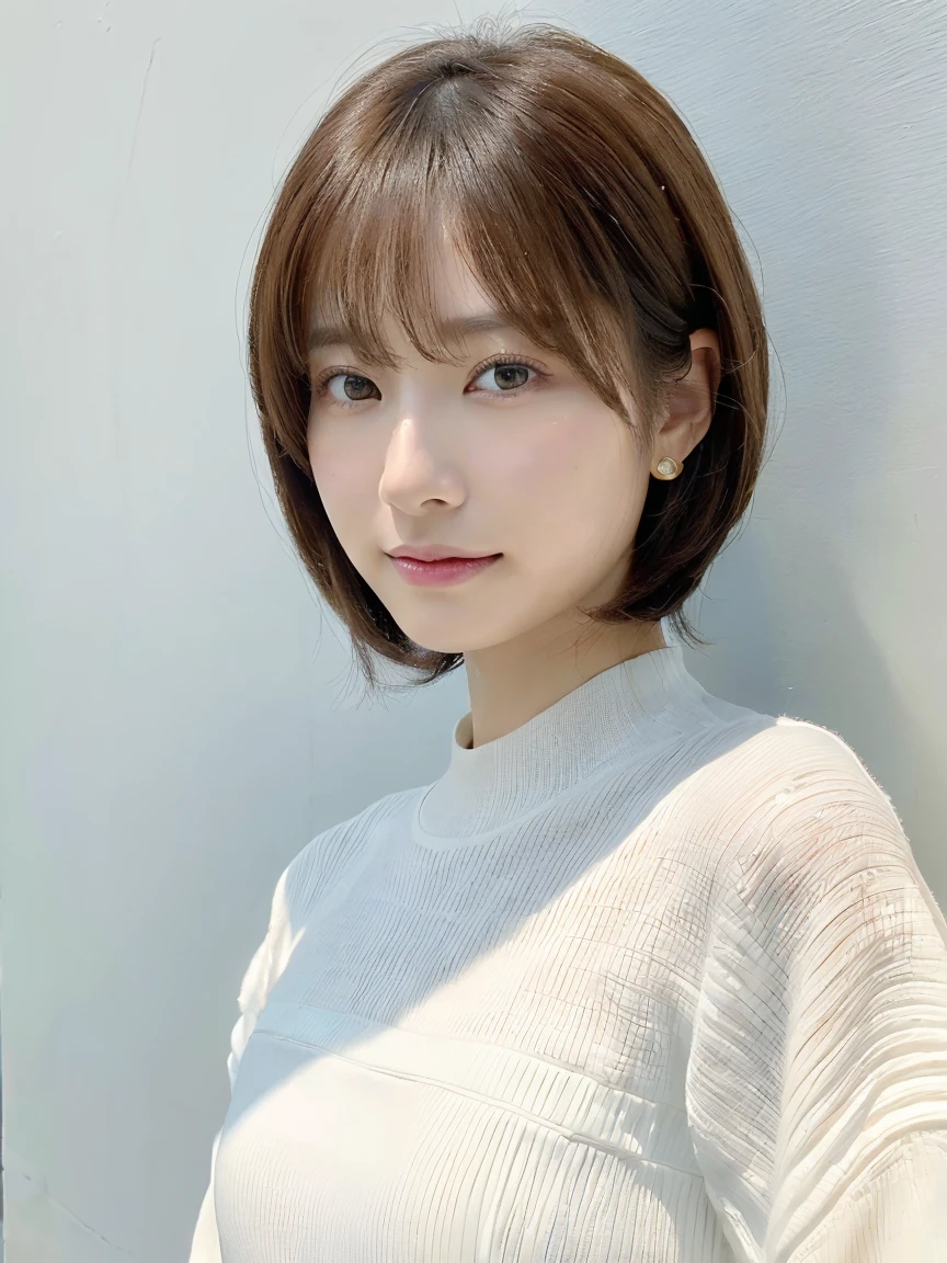 (Ultra-high resolution:1.5)(Very detailed:1.3) (super high quality) (super high quality:1.5) (Realistic photos:1.3) Japanese women、Loose Curly Hair、Photographed in front of a white wall、Age 35　((細かくてbeautiful顔:1.3)) ((Realistic skin texture:1.3)) ((Accurate, High quality eyes:1.3)) ((High density and high quality tip)) ((beautiful, Very white and clear skin:1.3)) ((beautifully groomed straight short bob hair))Perfect body　beautifulプロポーション　(Long sleeve dress)、beautiful high-definition image quality